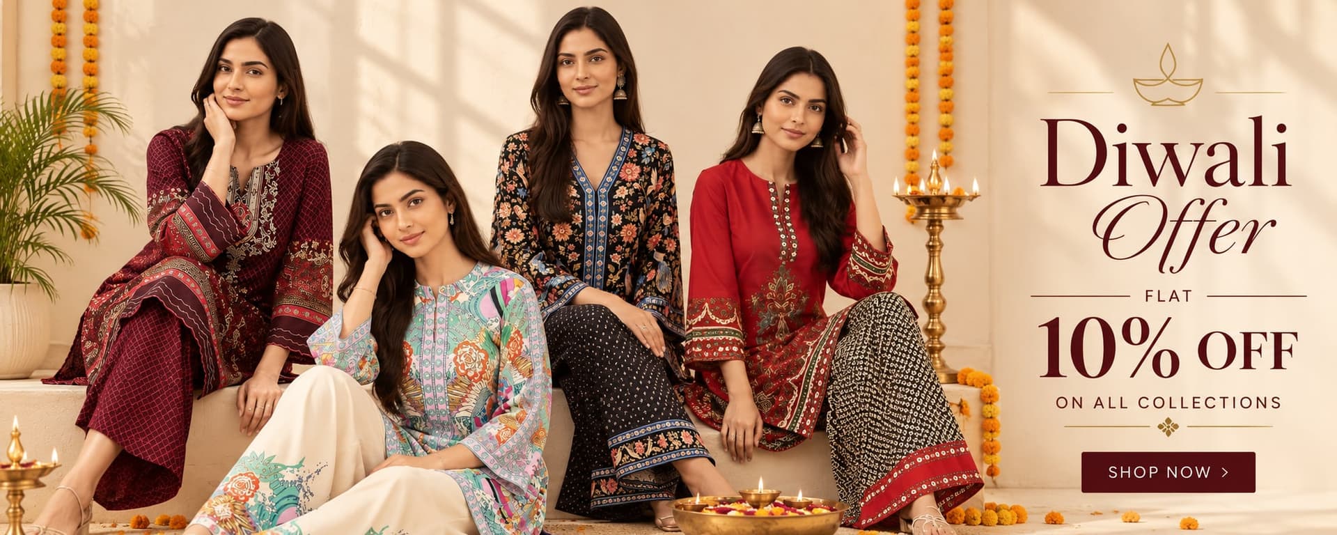 Four women in Venus Vibe co-ord sets with diyas and marigolds. Diwali Offer: flat 10% off on all collections. Shop now.